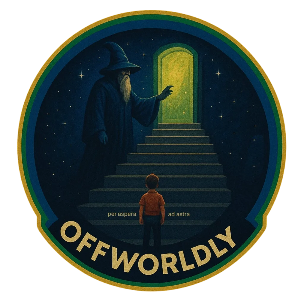 OffWorldly logo: a child faces a glowing doorway in a starry sky as a wizard guides them upward—“Find the Door,” a symbol of STEM pathways and building the beyond.