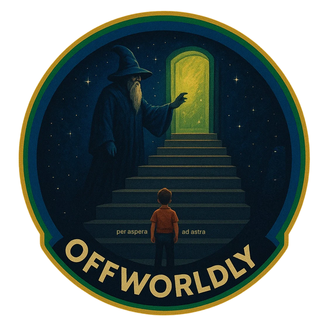 OffWorldly logo: a child faces a glowing doorway in a starry sky as a wizard guides them upward—“Find the Door,” a symbol of STEM pathways and building the beyond.
