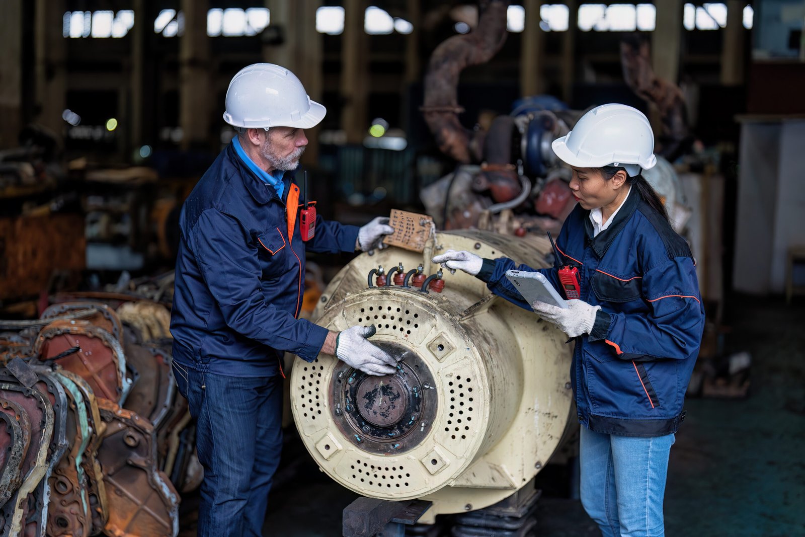 Technical staff inspect an industrial component.