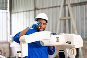 Technician in a hard hat servicing an industrial robotic arm in a manufacturing facility