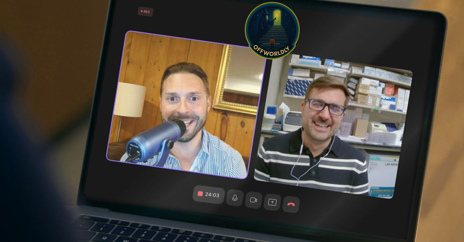 Remote STEM podcast interview on a laptop, host speaking into a microphone with a guest on a video call.