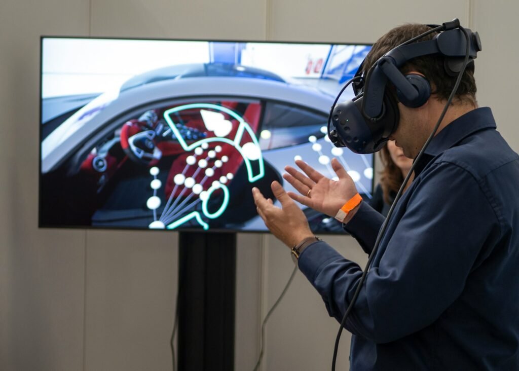 Participant using a virtual reality headset during a human-in-the-loop evaluation