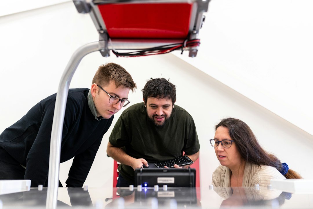 Engineers collaborate on a robotics project.
